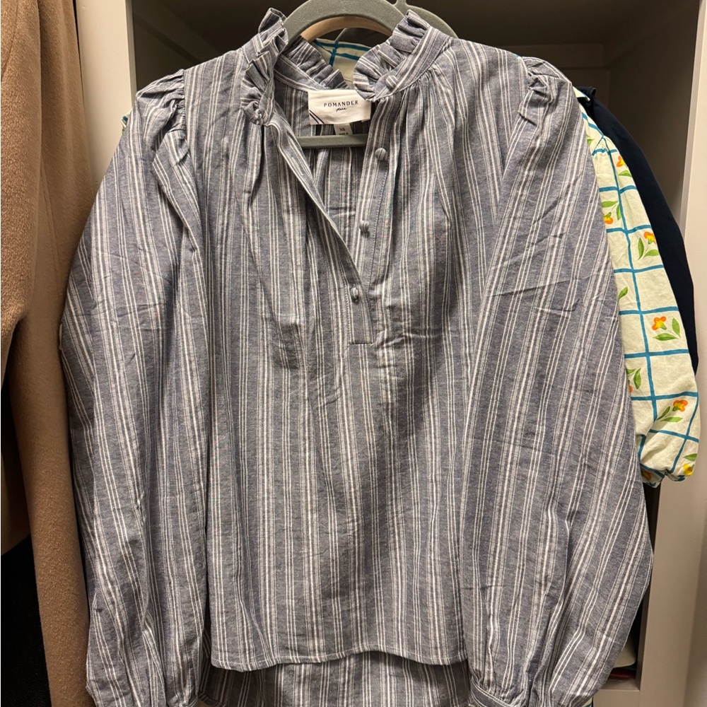Tuckernuck Blue and White Striped Long-Sleeve Ruffle Neck Blouse